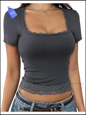 Lace Trim Crop Top Scoop Neck Slim Fit Streetwear Tee